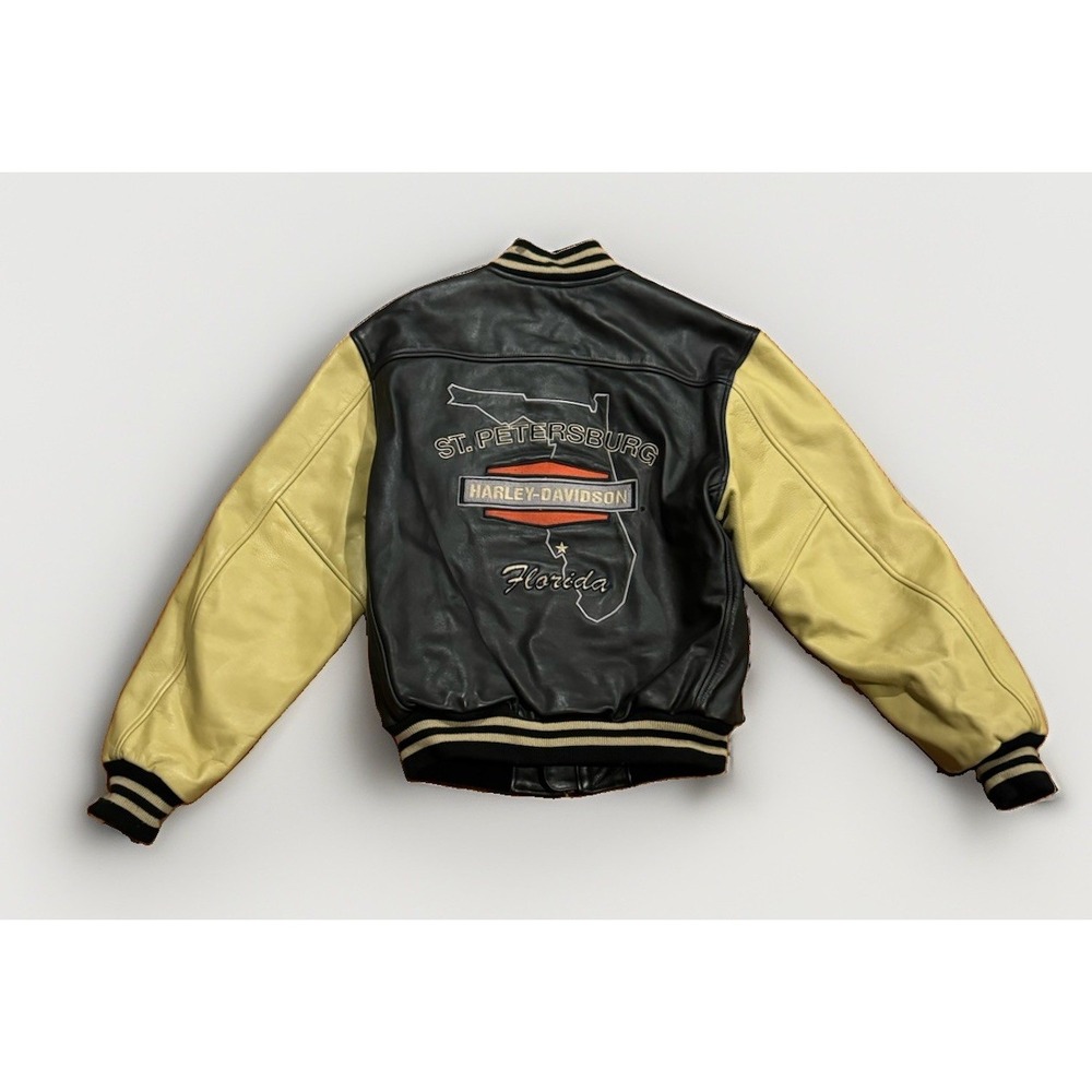 Vintage 90s Harley Davidson 2 Tone Leather Varsity Jacket S St Pete FL Tampa Bay